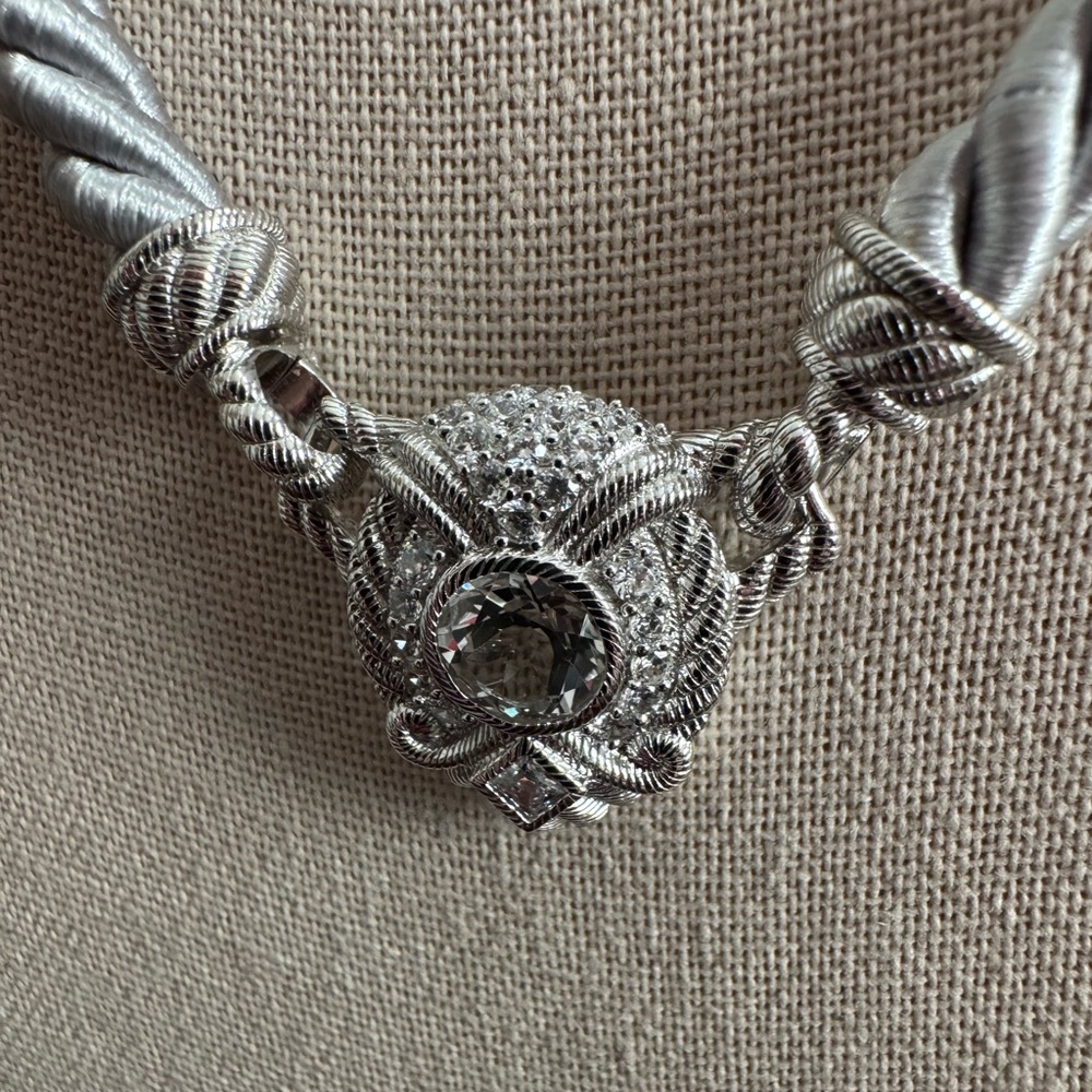 Judith Ripka Sterling Gray Silk Cord w/Diamonique Pendant- Clear & Gray Crystals